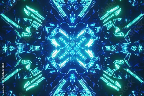neon kaleidoscope pattern with symmetrical shapes in glowing blue and green tones