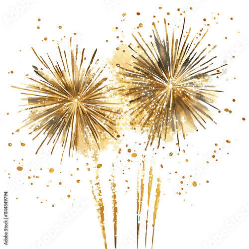 Watercolor gold fireworks bursting in sky, isolated on transparent background