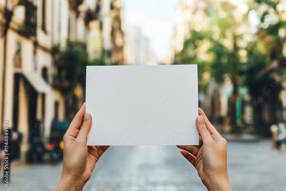 Hands holding blank card in blurred city.