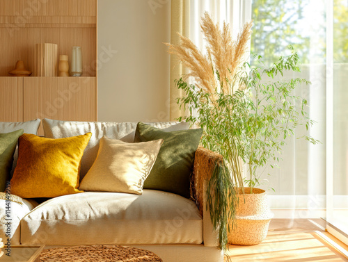 A cozy, modern living room with natural light, a central sofa, tall indoor plant, light-colored walls, woven rug, coffee table items, and dried flowers or decorative grasses The style is contemporar photo