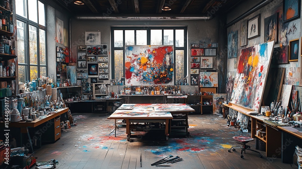 A vibrant art studio filled with colorful paintings and scattered art supplies. A vibrant art studio filled with colorful paintings and scattered art supplies.