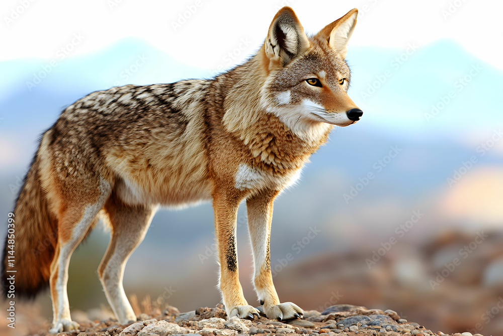 Obraz premium Majestic Coyote in Natural Habitat with Rocky Landscape and Scenic Background in Warm Light