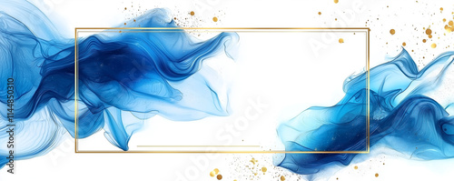 Abstract blue wave watercolor background with gold frame
