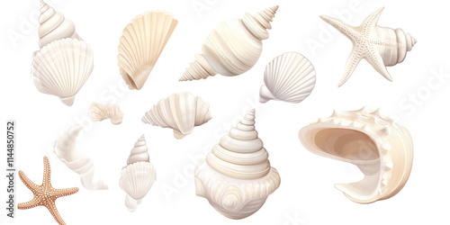 Set of sea shells, top view, on transparent background. 