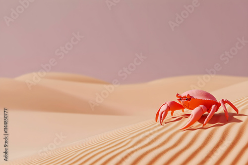 Vibrant Pink Crab Walking on Silky Sand Dunes Under Soft Pink Sky at Sunset