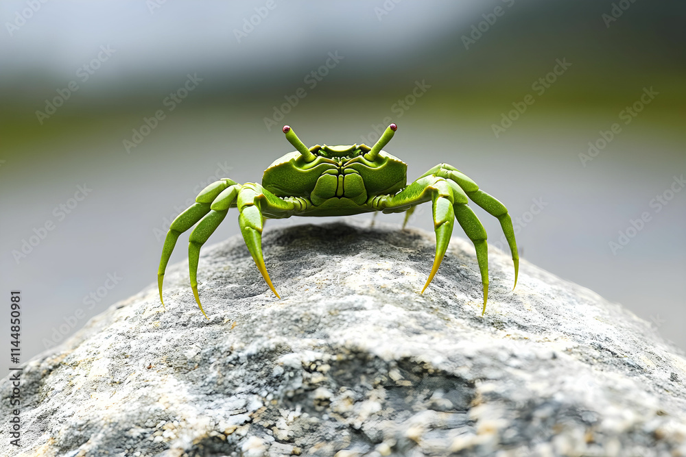 Vibrant Green Crab on a Rocky Surface Against a Blurred Natural Background Vibrant Green Crab on a Rocky Surface Against a Blurred Natural Background