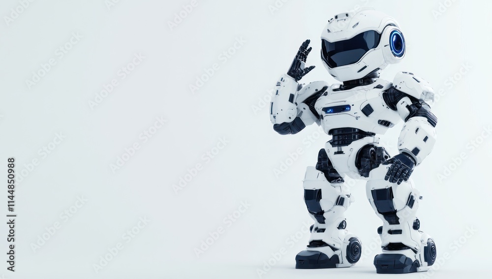 Fototapeta premium White robot toy saluting on bright background.