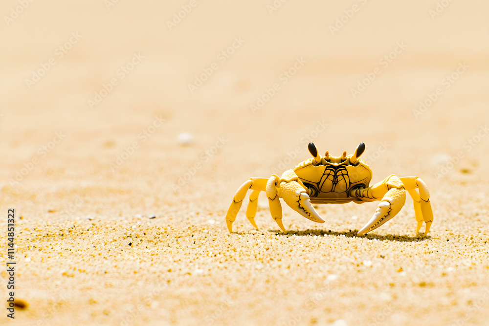 Yellow crab on sandy beach with soft golden sand and clear blue sky background during sunny day on tropical island Yellow crab on sandy beach with soft golden sand and clear blue sky background during sunny day on tropical island