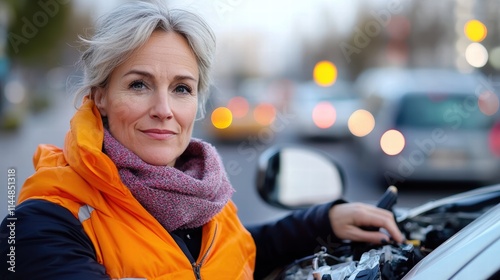 The woman stands confidently next to her car with an open engine, wearing a vibrant orange vest and scarf, showcasing empowerment and mechanical know-how. photo