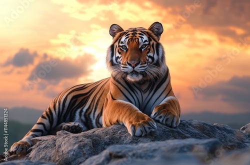 A majestic tiger sitting on rocks with a sunset sky background, looking at the camera photo