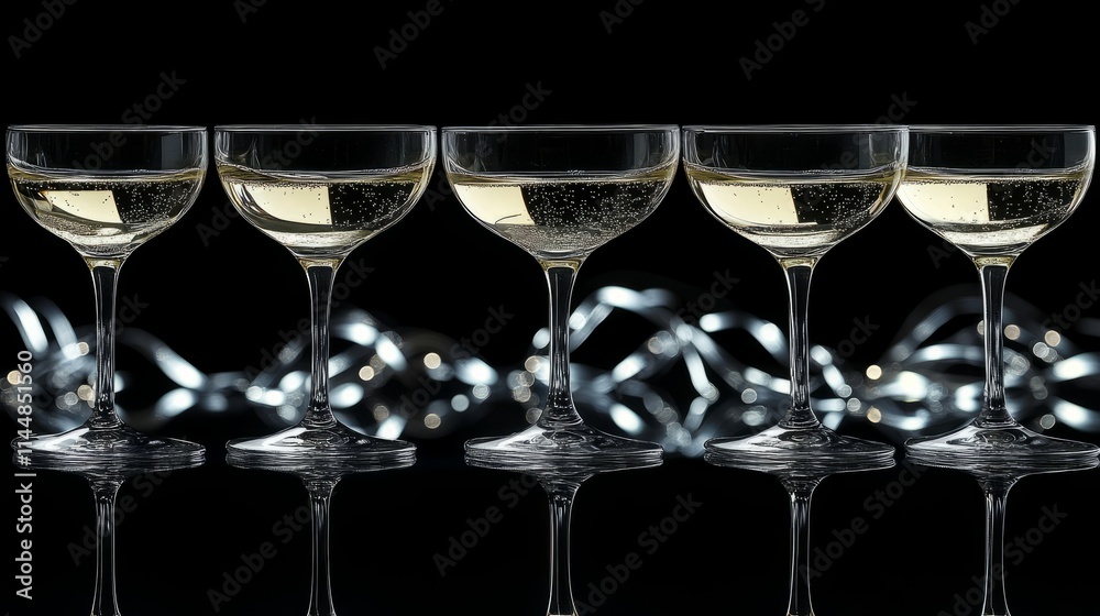 Glasses of champagne and serpentine streamers on table against black background with blurred lights. Space for text Glasses of champagne and serpentine streamers on table against black background with blurred lights. Space for text