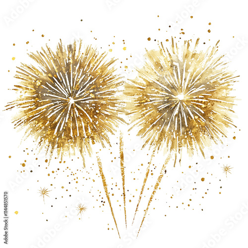 Watercolor gold fireworks bursting in sky, isolated on transparent background