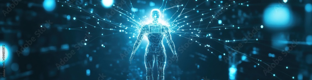 Glowing human figure connected by lights and dots in a digital space. Glowing human figure connected by lights and dots in a digital space.