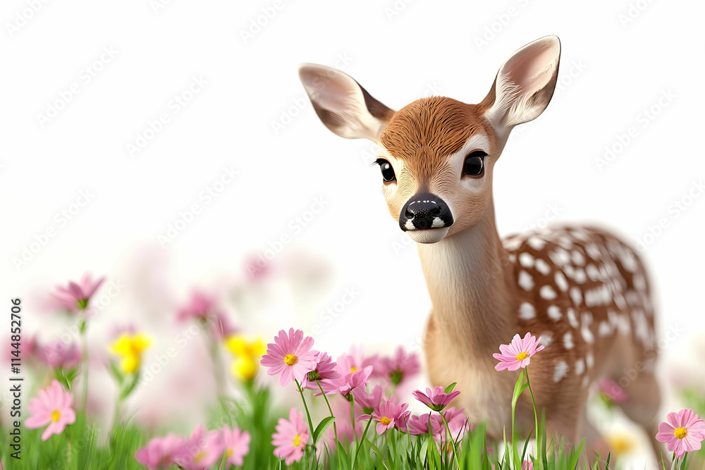 Cute fawn standing among vibrant flowers in a serene natural setting with bright colors and soft focus Cute fawn standing among vibrant flowers in a serene natural setting with bright colors and soft focus