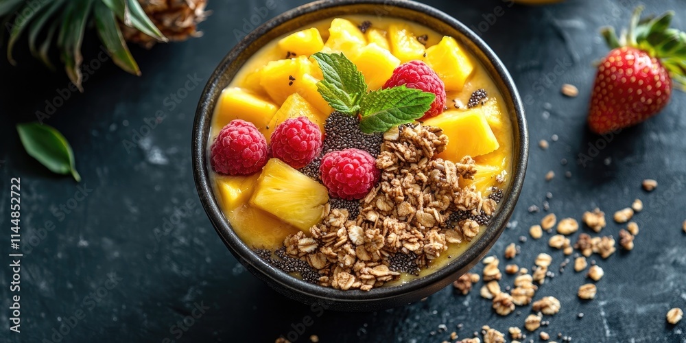 Healthy smoothie bowl featuring pineapple, mango, and strawberry, topped with granola, seeds, and fresh fruits. This vibrant smoothie bowl embodies detox, vegetarian, and vegan food concepts. Healthy smoothie bowl featuring pineapple, mango, and strawberry, topped with granola, seeds, and fresh fruits. This vibrant smoothie bowl embodies detox, vegetarian, and vegan food concepts.