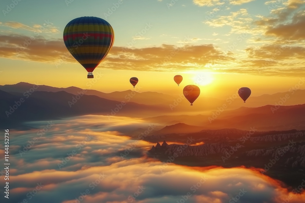 Colorful hot air balloons are flying over a spectacular landscape of canyons and hills in cappadocia, turkey, during a breathtaking sunrise with low clouds and fog Colorful hot air balloons are flying over a spectacular landscape of canyons and hills in cappadocia, turkey, during a breathtaking sunrise with low clouds and fog