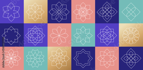 Collection of Arabic oriental floral vector elements. Traditional arabesque icons, ornaments and patterns. Abstract flower symbols and logos in ornamental Islamic style.