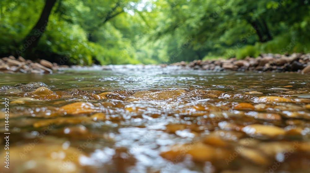 Shallow stream flowing over smooth stones in a lush green forest. Shallow stream flowing over smooth stones in a lush green forest.
