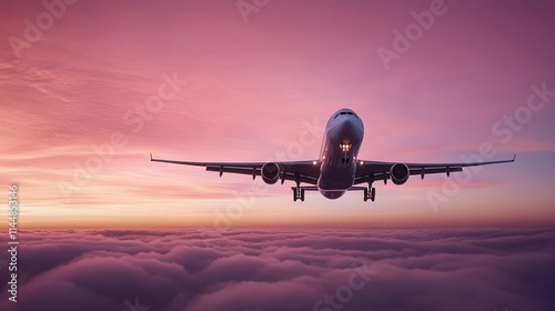 Commercial airliner is landing during a breathtaking sunset, flying over a stunning pink cloudscape, creating a captivating scene of travel and adventure