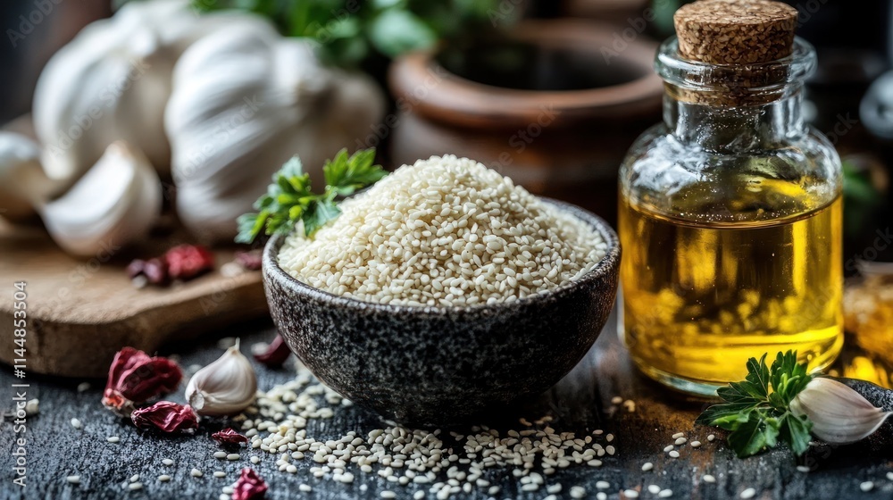 Sesame seeds in a bowl with garlic, herbs, and oil. Sesame seeds in a bowl with garlic, herbs, and oil.