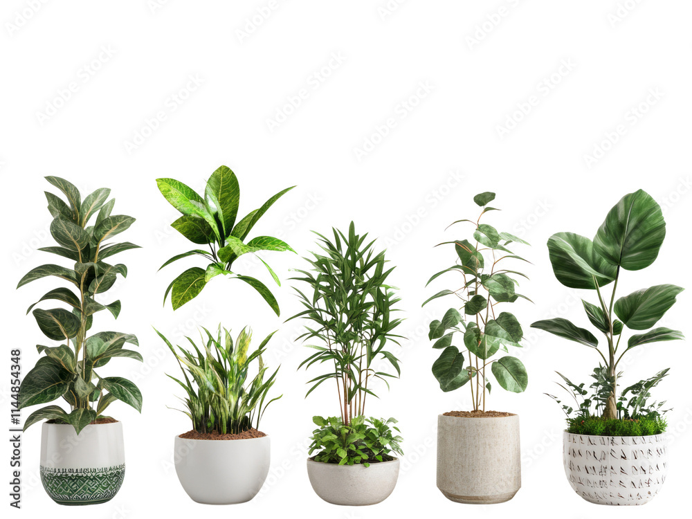 Fototapeta premium Collection of various houseplants displayed in ceramic pots isolated on transparent background.