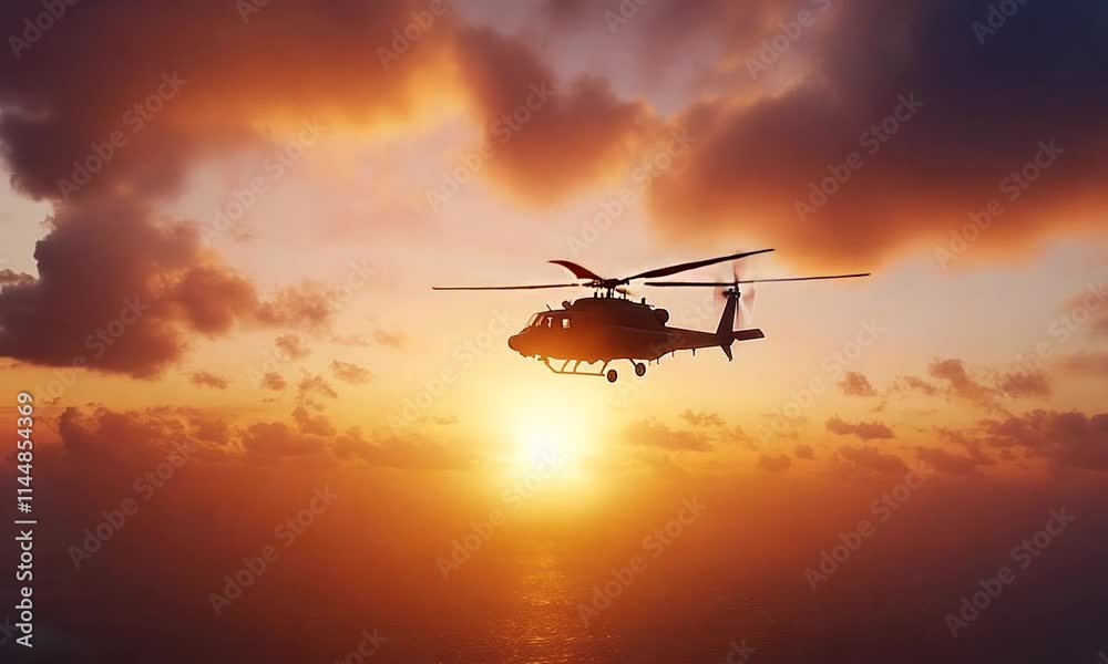 Apache attack helicopter flying in the sunset sky Apache attack helicopter flying in the sunset sky