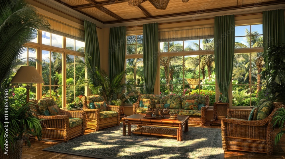 Fototapeta premium Tropical room with windows, wicker furniture and foliage.
