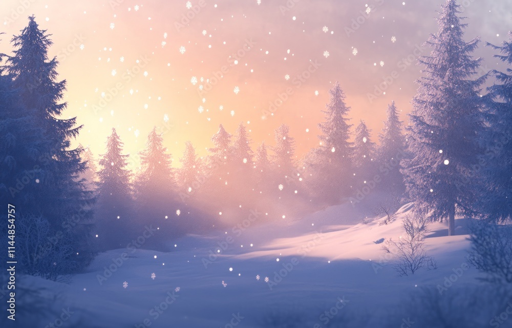 Snowy forest scene with golden sunlight and falling snow. Snowy forest scene with golden sunlight and falling snow.