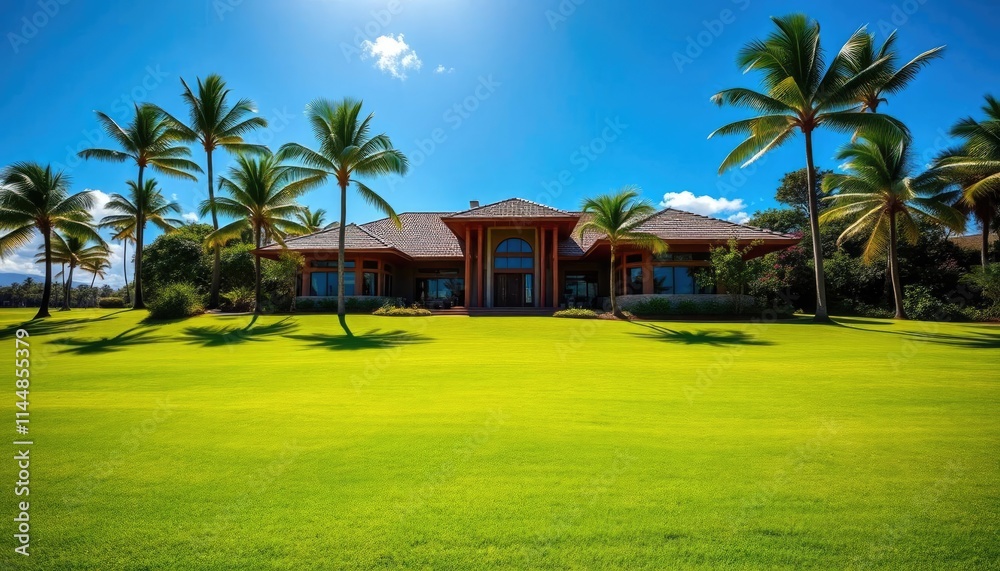 A photograph a luxury mansion with a lush green lawn, surrounded by palm trees and tropical vegetation A photograph a luxury mansion with a lush green lawn, surrounded by palm trees and tropical vegetation