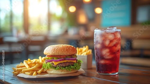 A fresh combo of fast food including burgers fries and a soda drink on a table