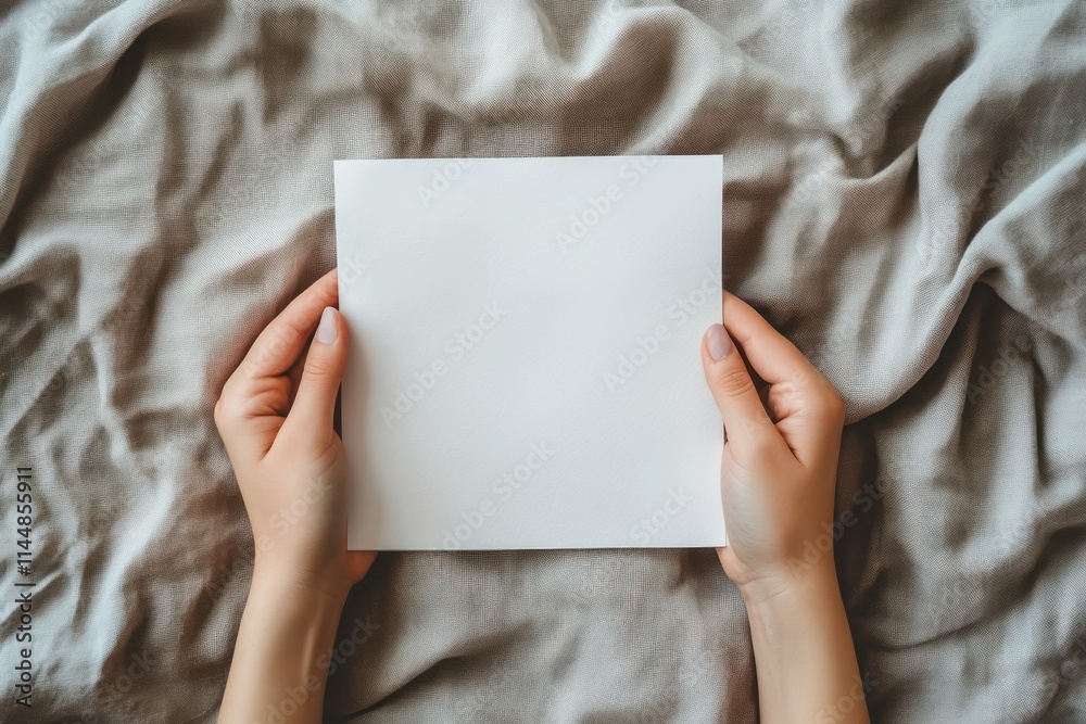Hands hold a blank white square card on a wrinkled grey fabric backdrop.