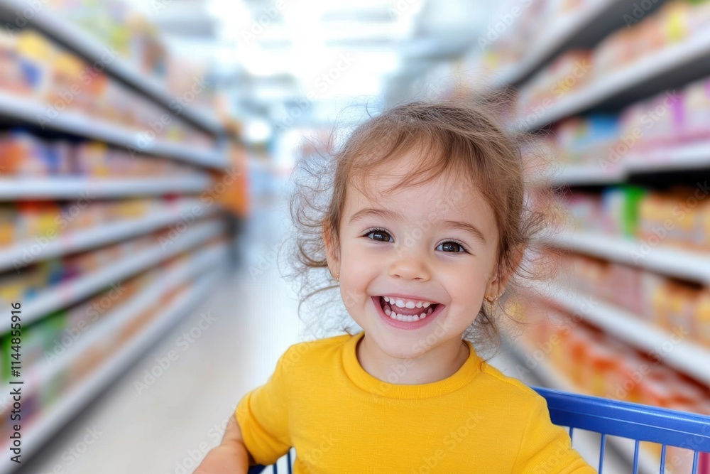 A joyful child dressed in a yellow tee sits laughing in a shopping cart amidst vibrant store aisles, perfectly encapsulating contentment and youthful energy. A joyful child dressed in a yellow tee sits laughing in a shopping cart amidst vibrant store aisles, perfectly encapsulating contentment and youthful energy.