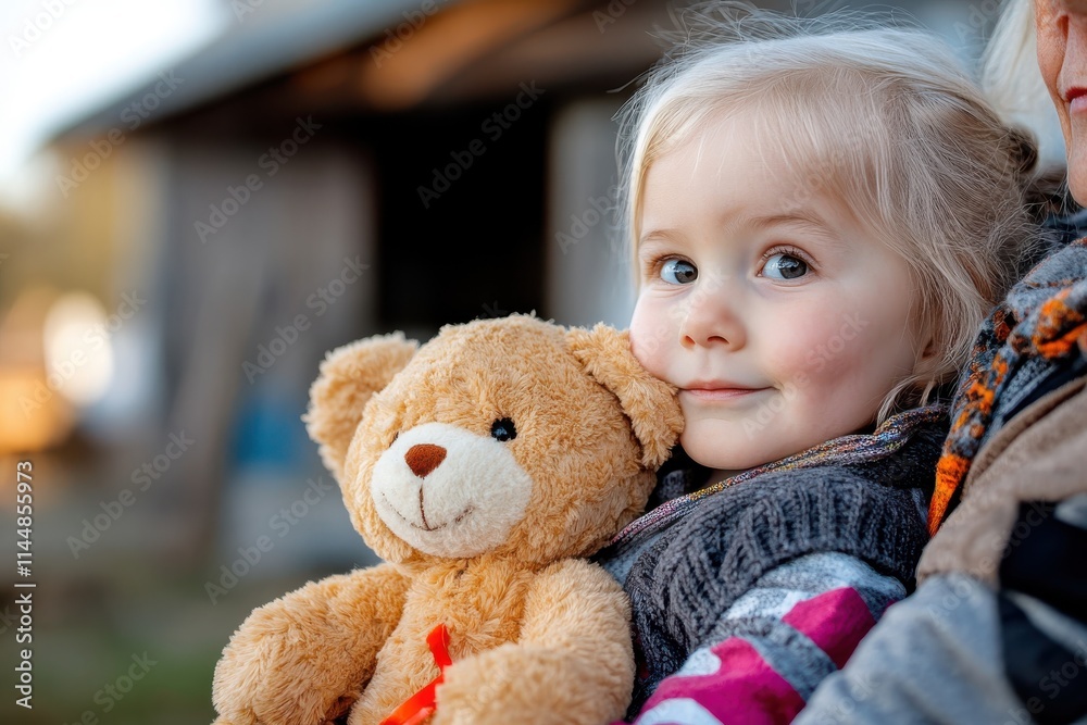 An adorable baby beams while clutching her teddy bear, comforted by her grandmother's presence, showcasing a joyful, heartwarming family connection and innocent delight. An adorable baby beams while clutching her teddy bear, comforted by her grandmother's presence, showcasing a joyful, heartwarming family connection and innocent delight.