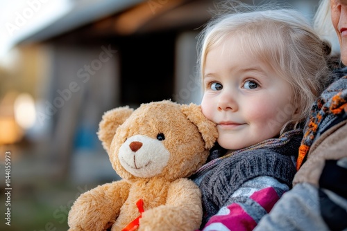 An adorable baby beams while clutching her teddy bear, comforted by her grandmother's presence, showcasing a joyful, heartwarming family connection and innocent delight. photo