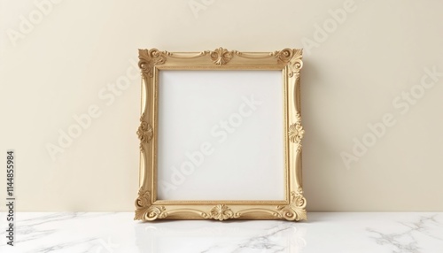 Minimalist concept of a vintage gold frame with baroque patterns on a white marble surface photo