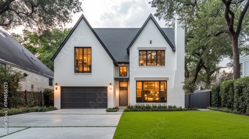 Modern white house with black roof and trim at dusk.