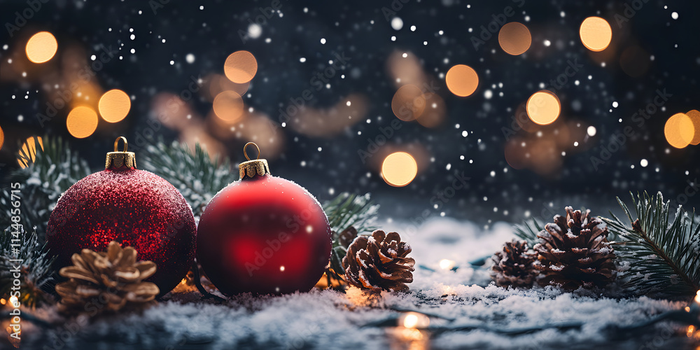 New Year's decor with fir branches decorated with bright balls, shiny elements and pine cones. dark bokeh background. New Year's atmosphere New Year's decor with fir branches decorated with bright balls, shiny elements and pine cones. dark bokeh background. New Year's atmosphere