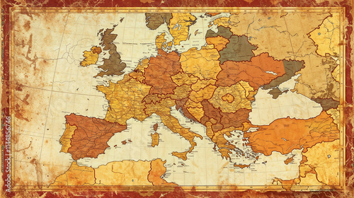 Vintage style map of Europe and Mediterranean regions with aged parchment texture and sepia tones. Detailed geographical illustration with intricate regional divisions and coastal details