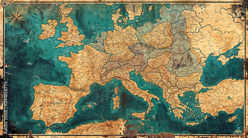 Antique map of Europe with aged parchment textures and detailed country borders, surrounded by a decorative compass rose and weathered edges, evoking history and exploration. photo