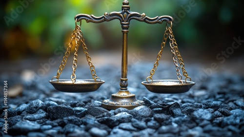 Justice scales on dark gravel.