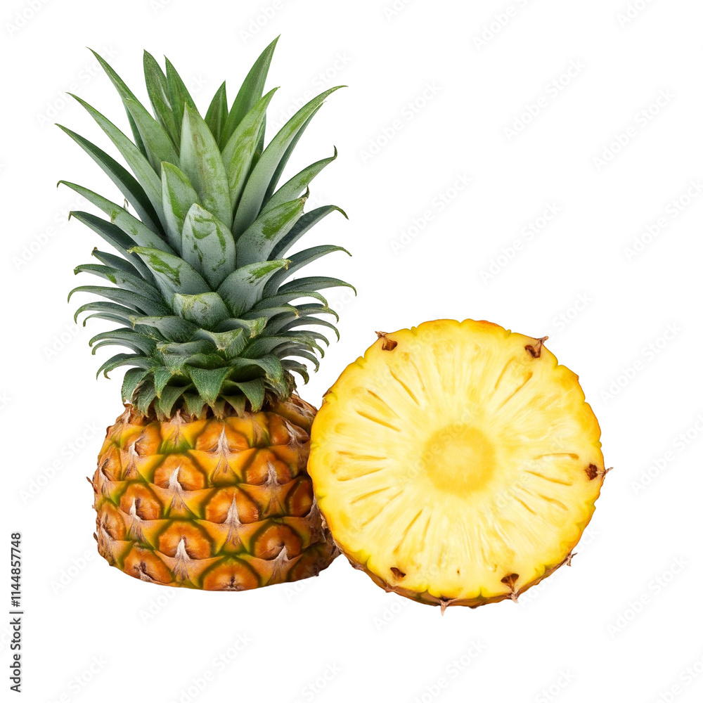 A whole pineapple sliced open with vibrant yellow fruit visible A whole pineapple sliced open with vibrant yellow fruit visible