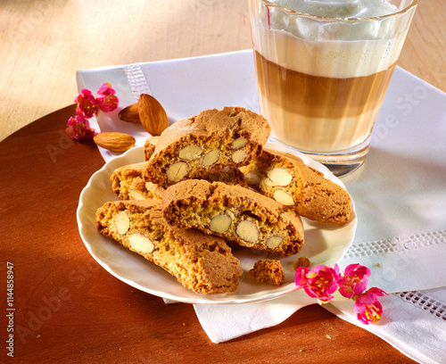 Cantuccini mit Cappucchino und Blueten, Italien, Kekse, Gebäck, Dessert,  photo