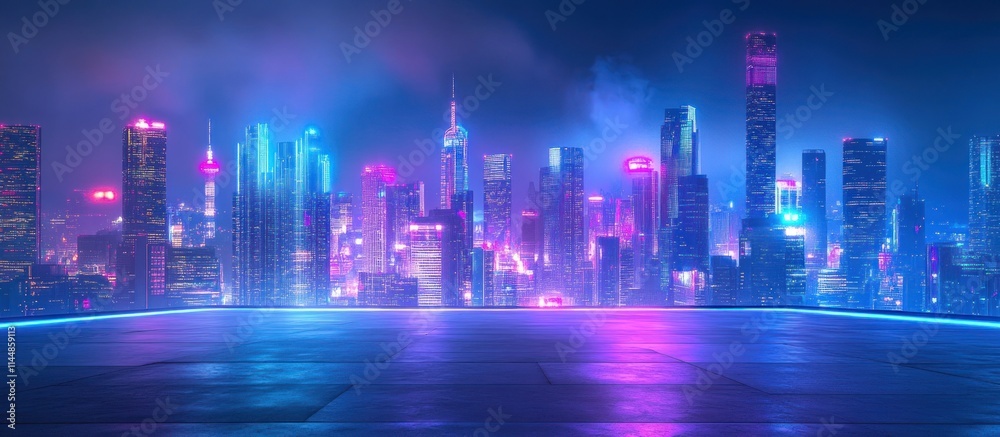 Neon illuminated futuristic cityscape at night with blue, pink glow. Neon illuminated futuristic cityscape at night with blue, pink glow.
