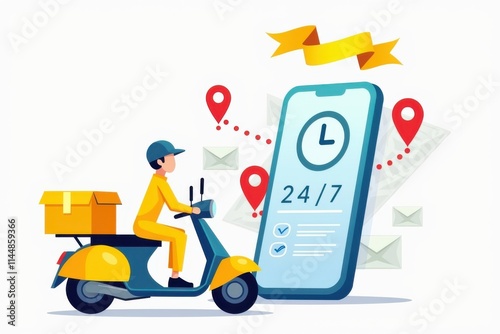 Illustration of a delivery rider on a scooter with a smartphone app interface, concept of 24/7 fast delivery, logistics tracking, and modern e-commerce solutions.