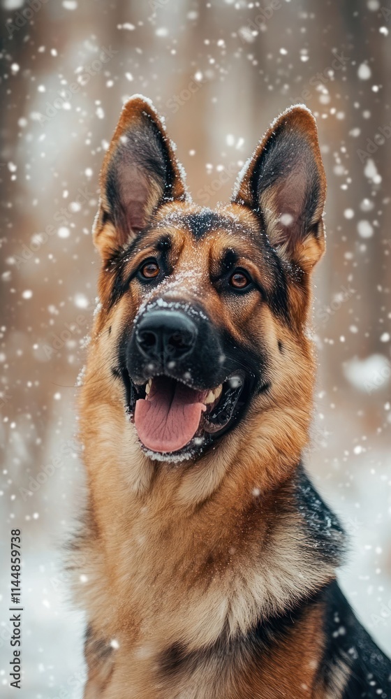 German Shepherd in snow with tongue out. German Shepherd in snow with tongue out.