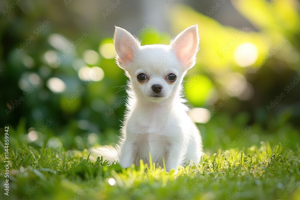 Tiny white chihuahua puppy sits in green grass outdoors, sunlit. Tiny white chihuahua puppy sits in green grass outdoors, sunlit.