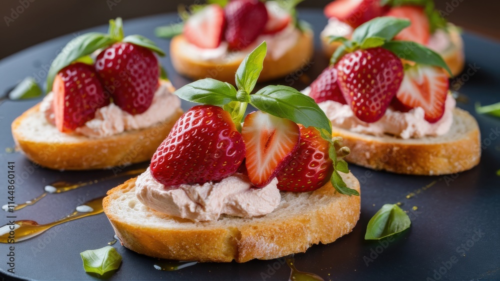Delicious crostini with strawberry ricotta. Crostini is a golden, crispy slice of bread spread with cream ricotta cheese. Fresh, juicy strawberries are laid out on top of the ricotta. Delicious crostini with strawberry ricotta. Crostini is a golden, crispy slice of bread spread with cream ricotta cheese. Fresh, juicy strawberries are laid out on top of the ricotta.