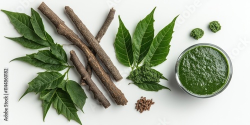Medicinal Neem leaves displayed with paste and twigs on a clean white background, highlighting the versatile uses of Neem leaves for health and wellness. Perfect for showcasing the benefits of Neem