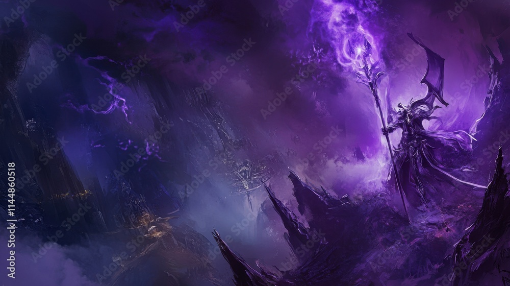 Obraz premium Epic Purple Fantasy Landscape with Majestic Figure