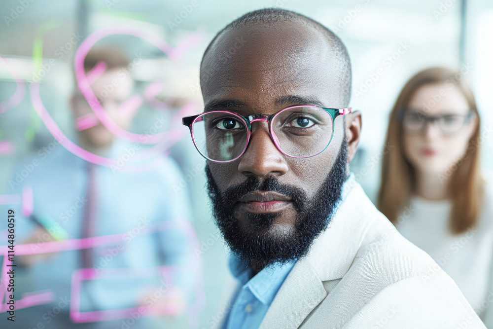 Fototapeta premium A man with glasses and a beard is standing in front of a whiteboard with pink